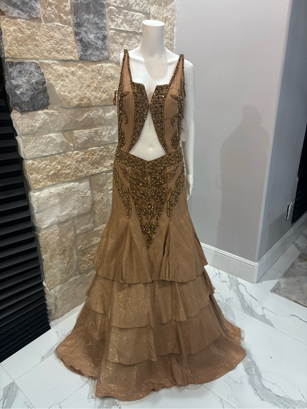 Embellished Tan Two-Piece Prom Gown Putros Couture size 14 new
